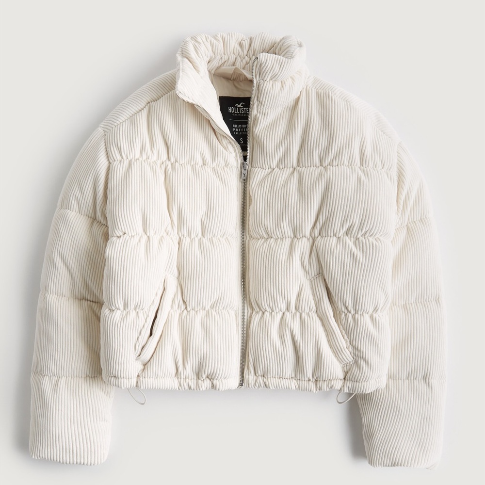 Hollister Puffer Collection Corduroy Mock-Neck Puffer Jacket beige/cream NWT